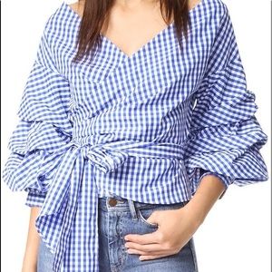 Blue Gingham Wrap Top with Blouson Sleeves